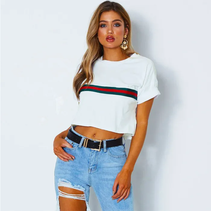 2019 summer explosion round neck sexy navel red green striped short-sleeved T-shirt