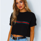 2019 summer explosion round neck sexy navel red green striped short-sleeved T-shirt