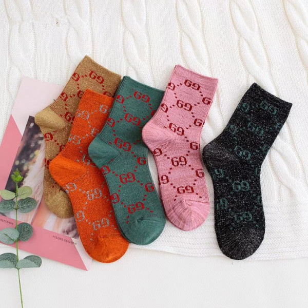 Autumn and winter new tide brand women's socks GG ladies tube socks gold and silver candy color fashion socks