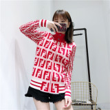 clothes 2019 autumn and winter new European and American casual letter zipper striped turtleneck sweater cardigan coat