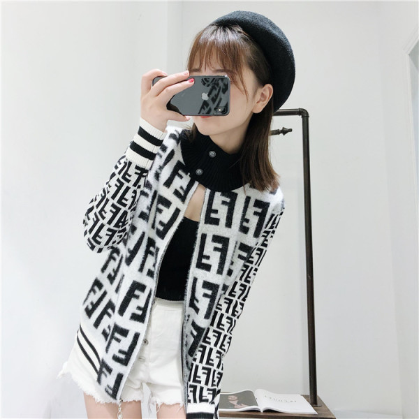 clothes 2019 autumn and winter new European and American casual letter zipper striped turtleneck sweater cardigan coat