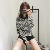 autumn and winter new European and American casual letter stripe long-sleeved strap round neck pullover sweater sweater