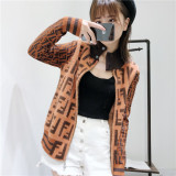 clothes 2019 autumn and winter new European and American casual letter zipper striped turtleneck sweater cardigan coat