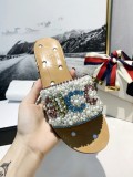 Rhinestone Beaded Letter Low Heel Flats Women Fashion Casual joker  Pearl Diamond Slippers