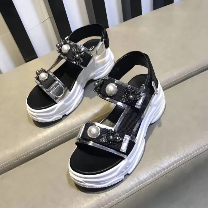 Summer pearl open toe leather thick-soled sponge cake Rome increased sandals women