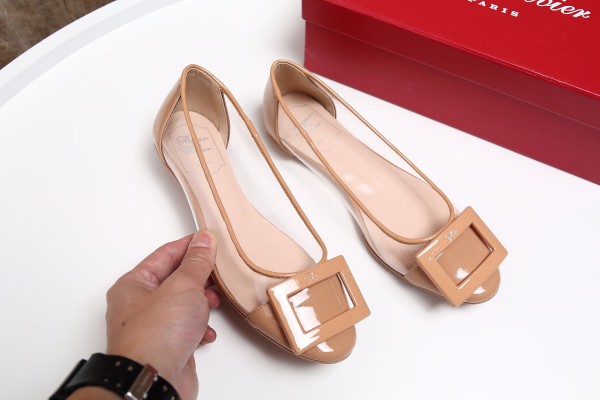 women's shoes summer round head square buckle stitching transparent set foot wild flat shoes