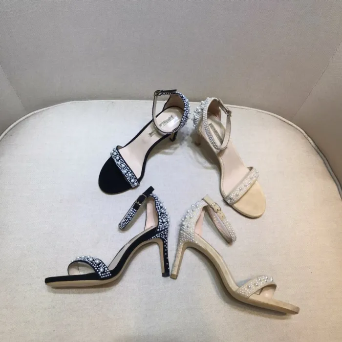 Word with high heel sandals Joker handmade beaded pearl stiletto open toe shoes