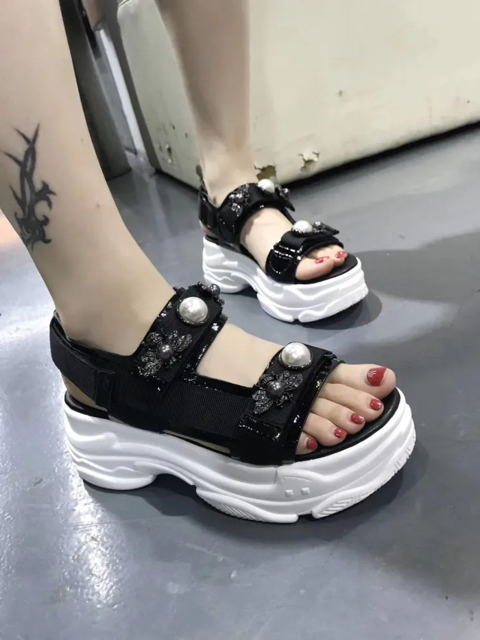 Summer pearl open toe leather thick-soled sponge cake Rome increased sandals women