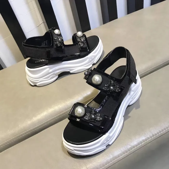 Summer pearl open toe leather thick-soled sponge cake Rome increased sandals women