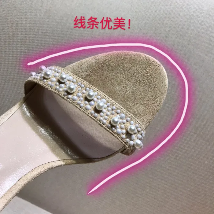 Word with high heel sandals Joker handmade beaded pearl stiletto open toe shoes