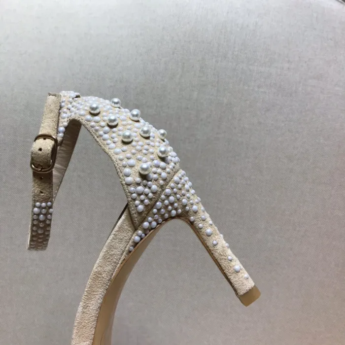 Word with high heel sandals Joker handmade beaded pearl stiletto open toe shoes