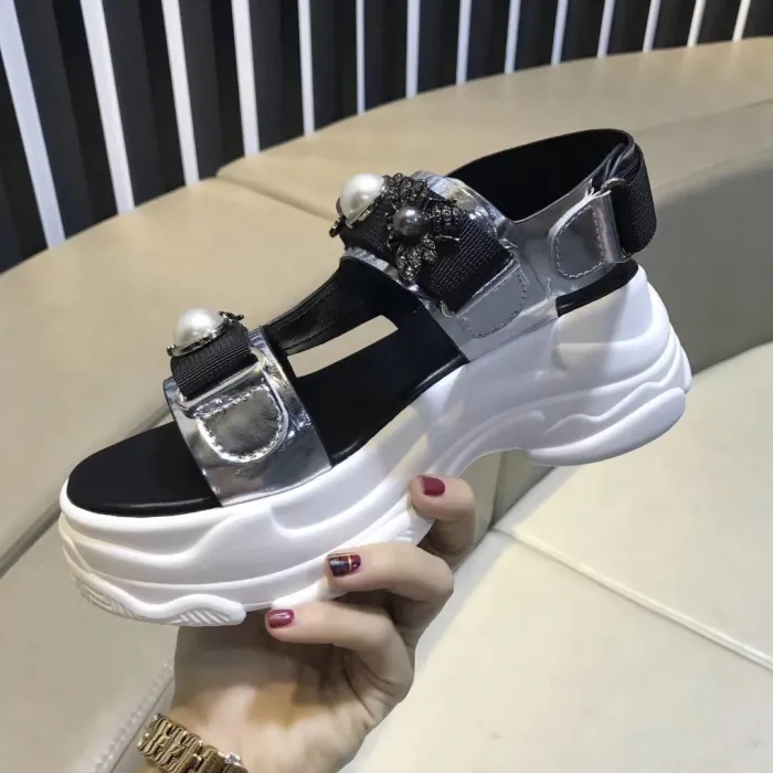 Summer pearl open toe leather thick-soled sponge cake Rome increased sandals women