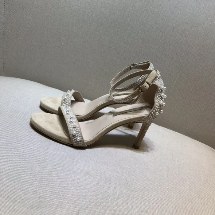 Word with high heel sandals Joker handmade beaded pearl stiletto open toe shoes