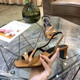 Spring and summer models leather square toe word with thick heels high-heeled sandals women