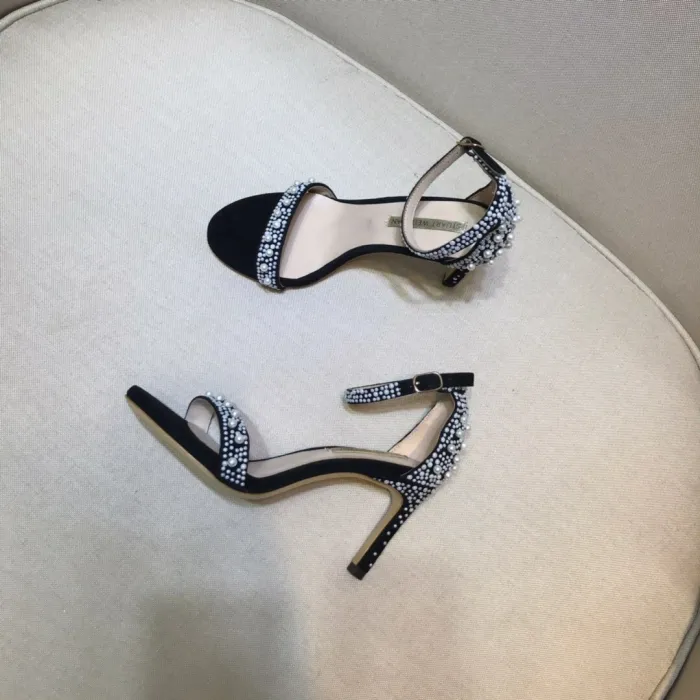 Word with high heel sandals Joker handmade beaded pearl stiletto open toe shoes