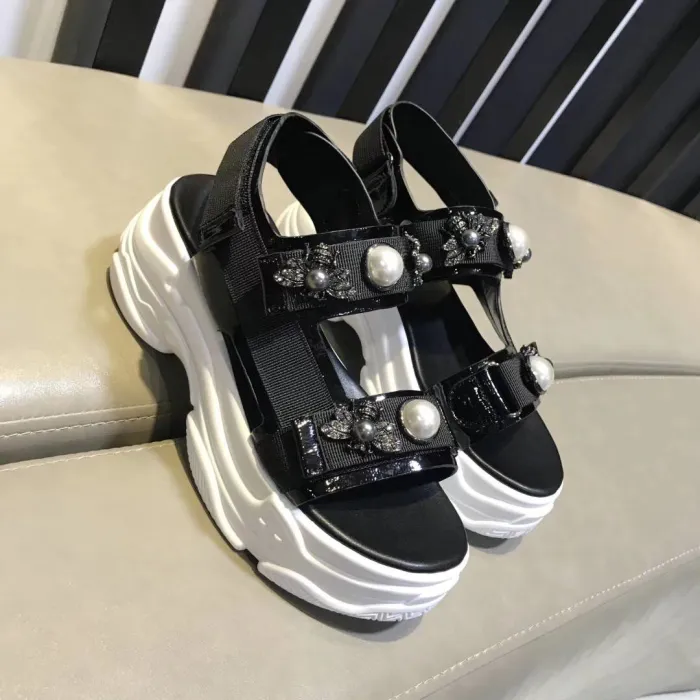 Summer pearl open toe leather thick-soled sponge cake Rome increased sandals women