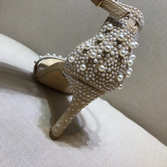 Word with high heel sandals Joker handmade beaded pearl stiletto open toe shoes