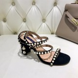 leather high heel sandals with pearls and women's word buckle pearl women's shoes