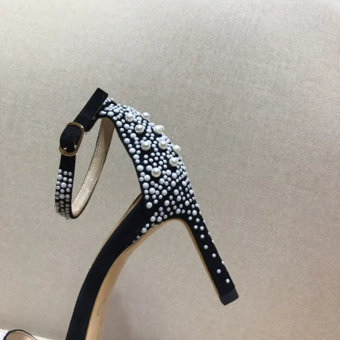 Word with high heel sandals Joker handmade beaded pearl stiletto open toe shoes