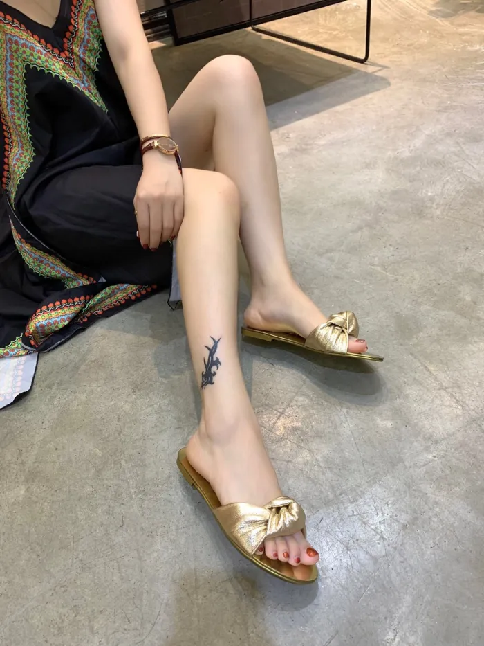 summer open-toe shoes flat with wild bow sandals and slippers