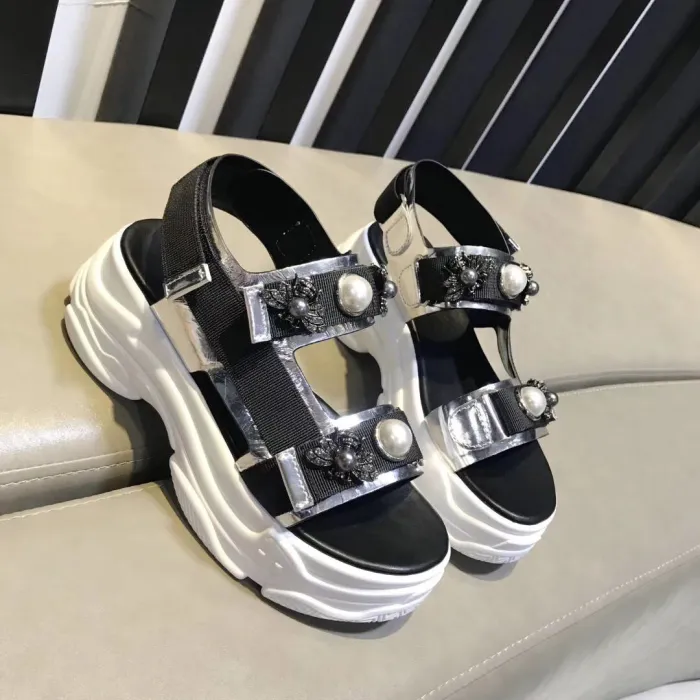 Summer pearl open toe leather thick-soled sponge cake Rome increased sandals women