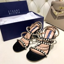 leather high heel sandals with pearls and women's word buckle pearl women's shoes