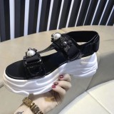 Summer pearl open toe leather thick-soled sponge cake Rome increased sandals women