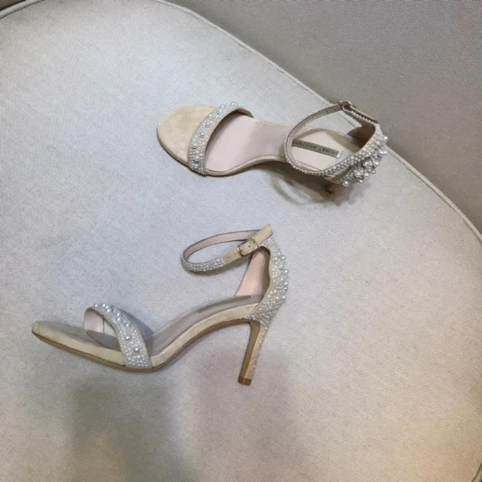 Word with high heel sandals Joker handmade beaded pearl stiletto open toe shoes