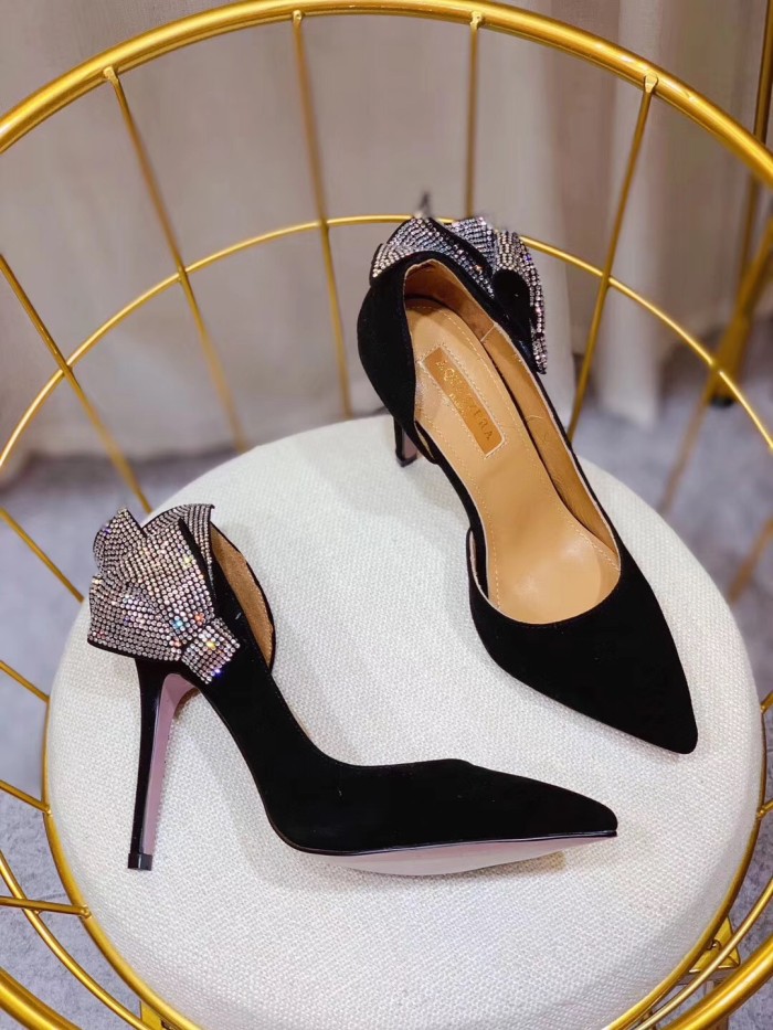 2019 spring female high heels suede shallow mouth pointed sexy nightclub was thin after rhinestone bow single shoes