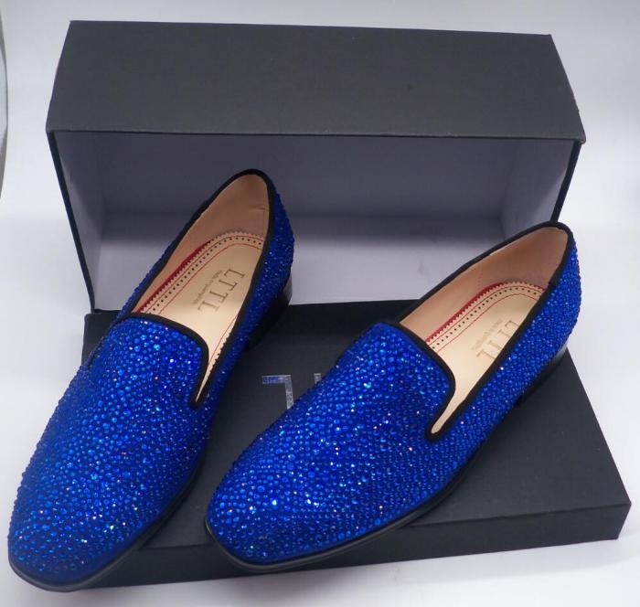 New Arrived Royal Blue Rhinestone Mens Loafers Luxury Slip-on Suede Men Dress Shoes Handmade Men's Wedding And Prom Shoes