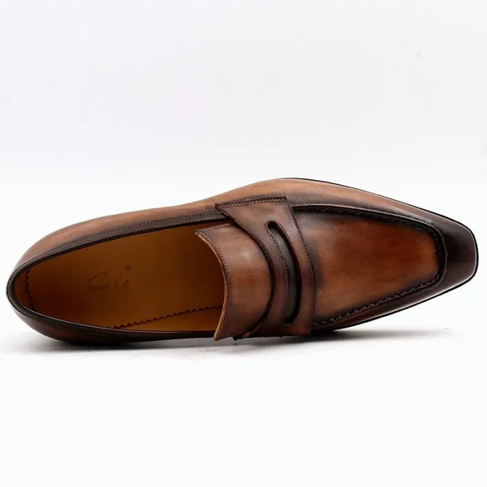 square toe patina hand-painted calf leather bespoke leather men shoe handmade calf leather breathable men's boat