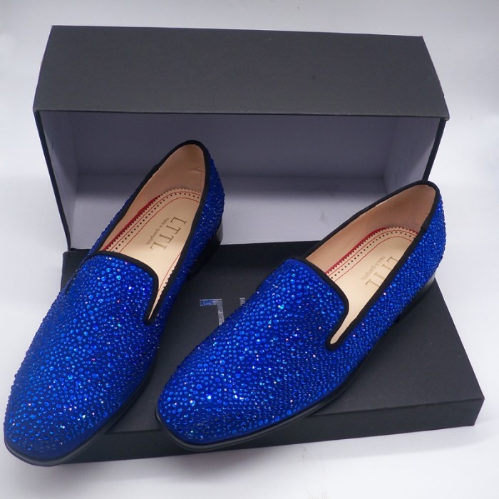 New Arrived Royal Blue Rhinestone Mens Loafers Luxury Slip-on Suede Men Dress Shoes Handmade Men's Wedding And Prom Shoes