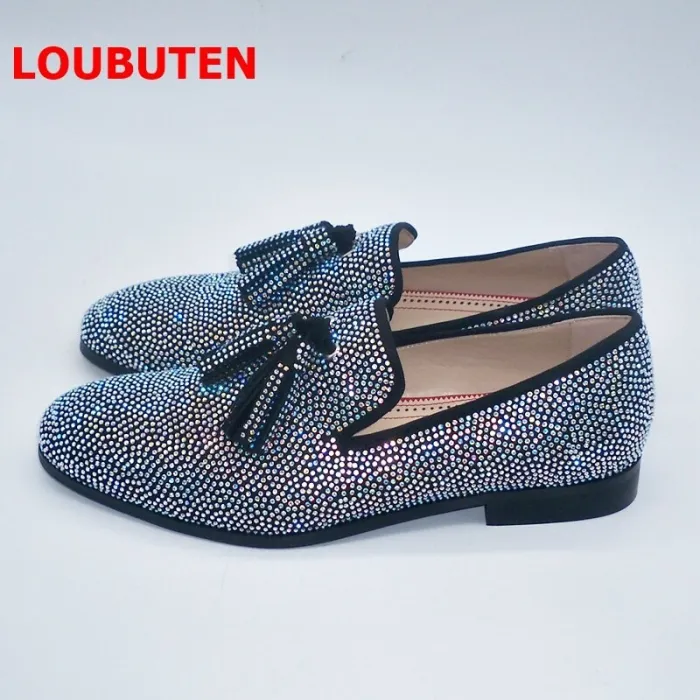 New Handmade Sparkling Crystal Rhinestone Men Loafers Luxury Suede Slip On Men Shoes Fashion Tassel Mens Dress Shoes
