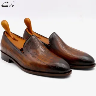 round toe laser patina brown calf leather bespoke leather men shoe handmade calf leather bottom breathable men's loafer
