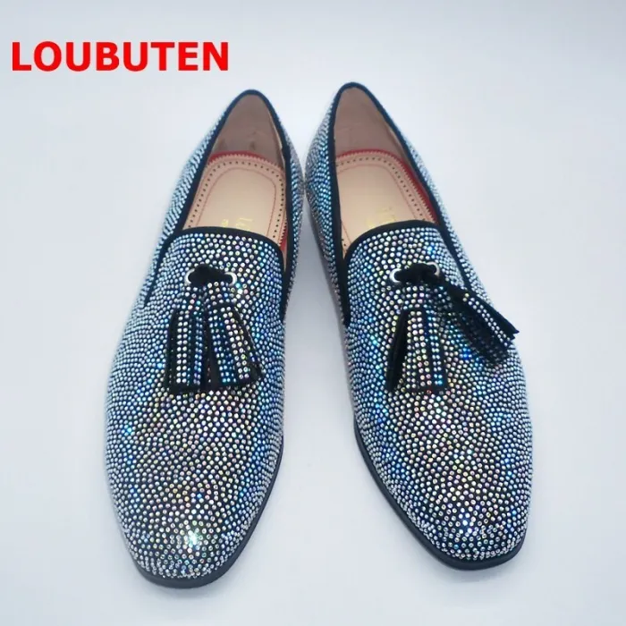 New Handmade Sparkling Crystal Rhinestone Men Loafers Luxury Suede Slip On Men Shoes Fashion Tassel Mens Dress Shoes