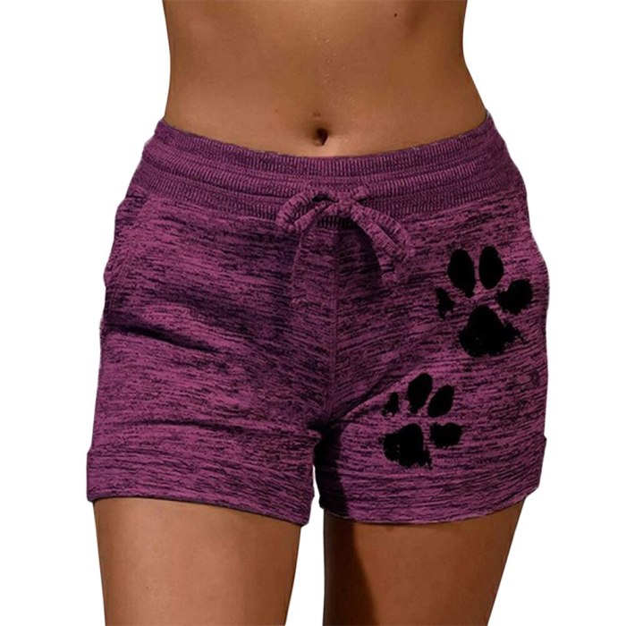 New Summer Fast Drying Drawstring cat paw print shorts Lace Up High Waist Elastic Cotton Short Women Beach Casual Sport Shorts