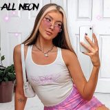 ALLNeon Punk Style Butterfly Embroidery Front White Tanks Tops Y2K Fashion Ribbed Backless Straped Cropped Tops E-girl Summer