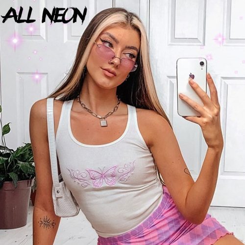 ALLNeon Punk Style Butterfly Embroidery Front White Tanks Tops Y2K Fashion Ribbed Backless Straped Cropped Tops E-girl Summer