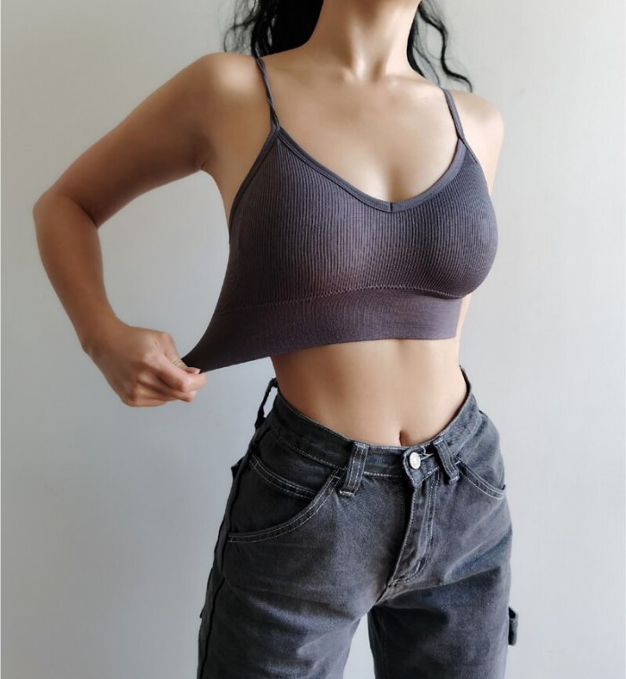 Women V Neck Rib Seamless Bra with Cross Back Crop Top