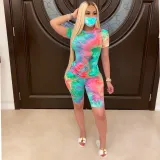 JRRY Women Tracksuit Two Pieces Set Mask Short Sleeve V Neck Top Short Pants 2 Pieces Set Outfits Skinny Elastic Outdoor Wear