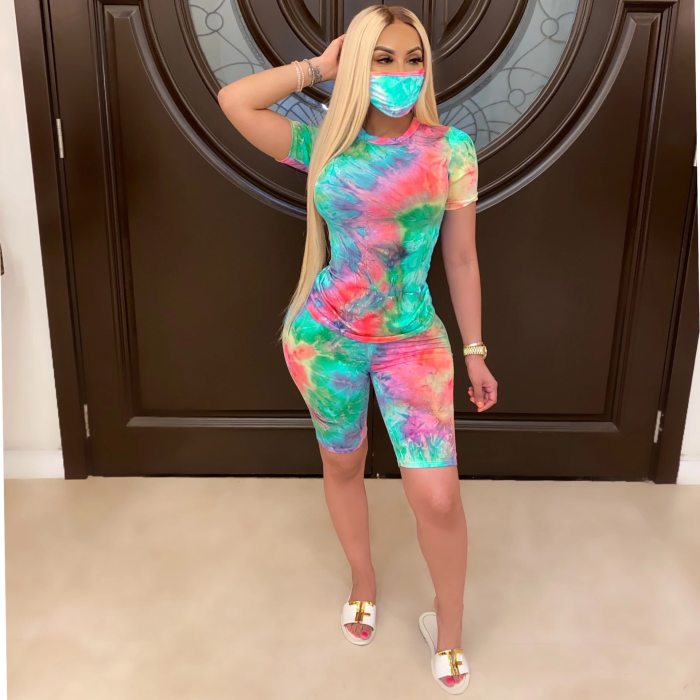 JRRY Women Tracksuit Two Pieces Set Mask Short Sleeve V Neck Top Short Pants 2 Pieces Set Outfits Skinny Elastic Outdoor Wear