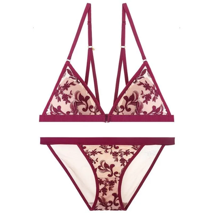 Breathable Underwear Set Soft Lingerie Set Red Transparent Bra Floral Two-Piece Bra And Panty Set Embroidery Lingerie Conjunto