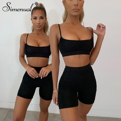 Simenual Ruched Workout Active Wear Matching Set Women Strap Casual Sporty 2 Piece Outfits Summer Camis And Biker Shorts Sets