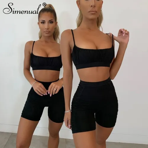 Simenual Ruched Workout Active Wear Matching Set Women Strap Casual Sporty 2 Piece Outfits Summer Camis And Biker Shorts Sets