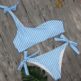 Hirigin Women Swimwear Striped Women Bikinis Set One Shoulder Bandage Pushed Up Paded Bikinis Swimsuits Real Photo