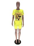 Fitness Biker Shorts Set Lounge Set Tracksuit Women Summer Clothes Two Piece Set Cartoon Print Crop Top Jogging Femme 2020