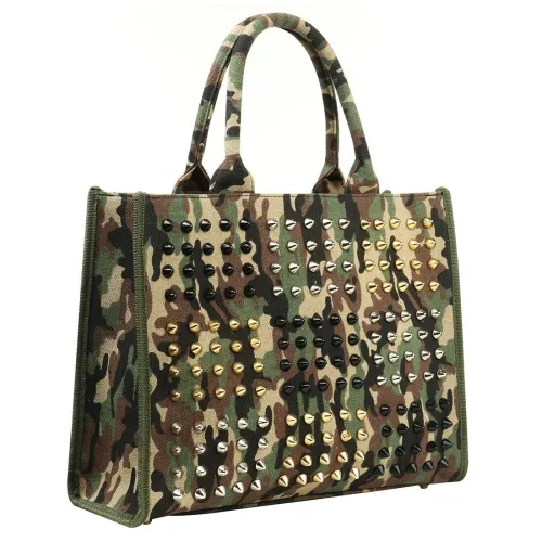 Cool Fashion Canvas Rivet Women Handbag Large capacity Shoulder Bag Black Green Camouflage Bolsas Mujer Lady Tote Shopping Trip