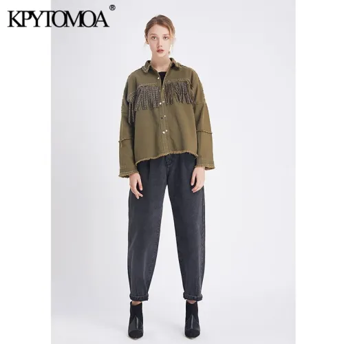 Vintage Stylish Fringe Beaded Loose Denim Jacket Coat Women 2020 Fashion Long Sleeve Frayed Trim Ladies Outerwear