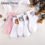 Japanese Kawaii Women Animals Cartoon Tube Socks Cute Egg Rabbit Panther Cotton Long Socks Female and Ladies Pink Milk White Sox