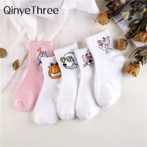 Japanese Kawaii Women Animals Cartoon Tube Socks Cute Egg Rabbit Panther Cotton Long Socks Female and Ladies Pink Milk White Sox